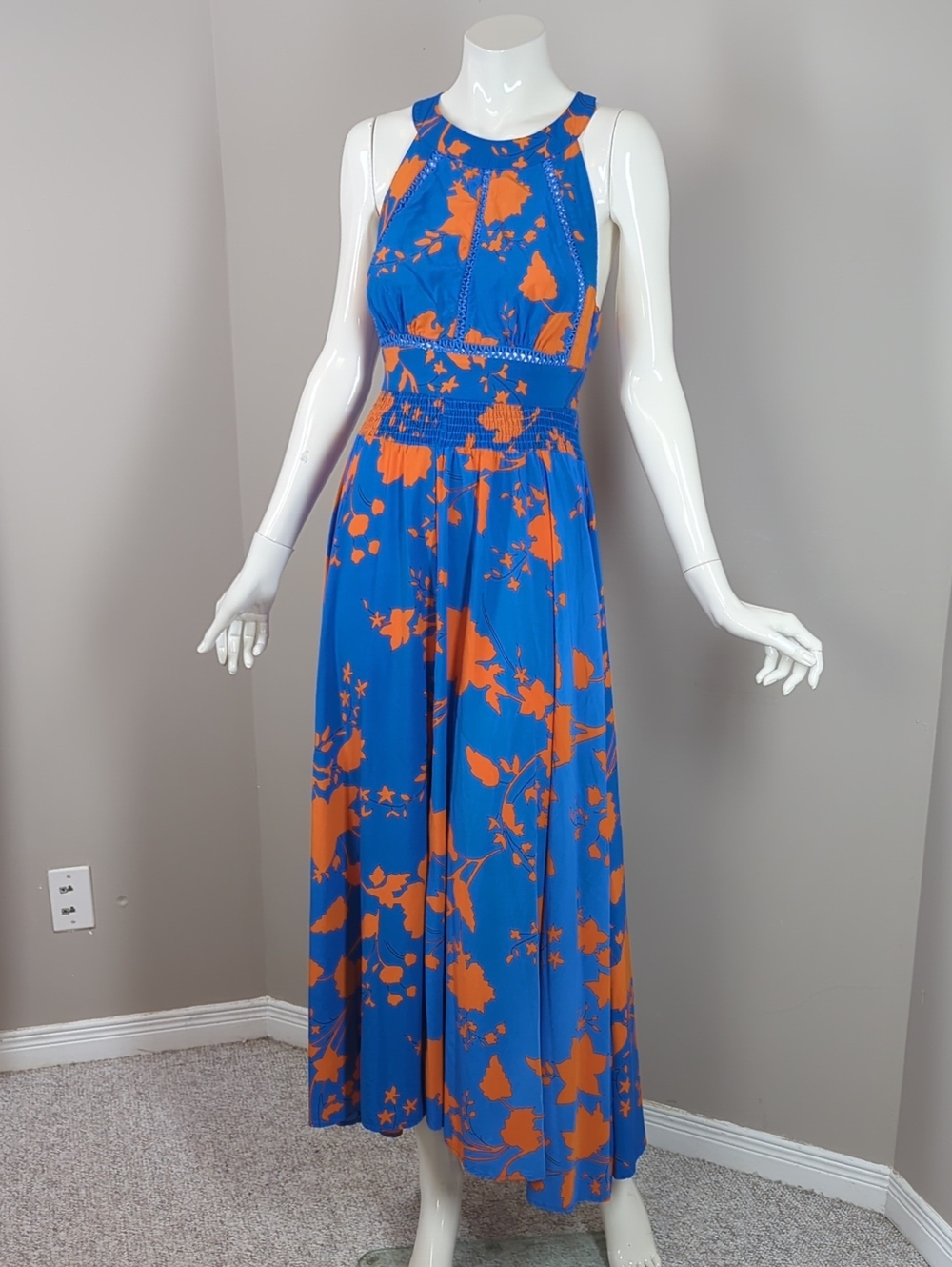 Abel The Label Anthropology Charlie Sleeveless Blue & Orange Floral Maxi Dress L